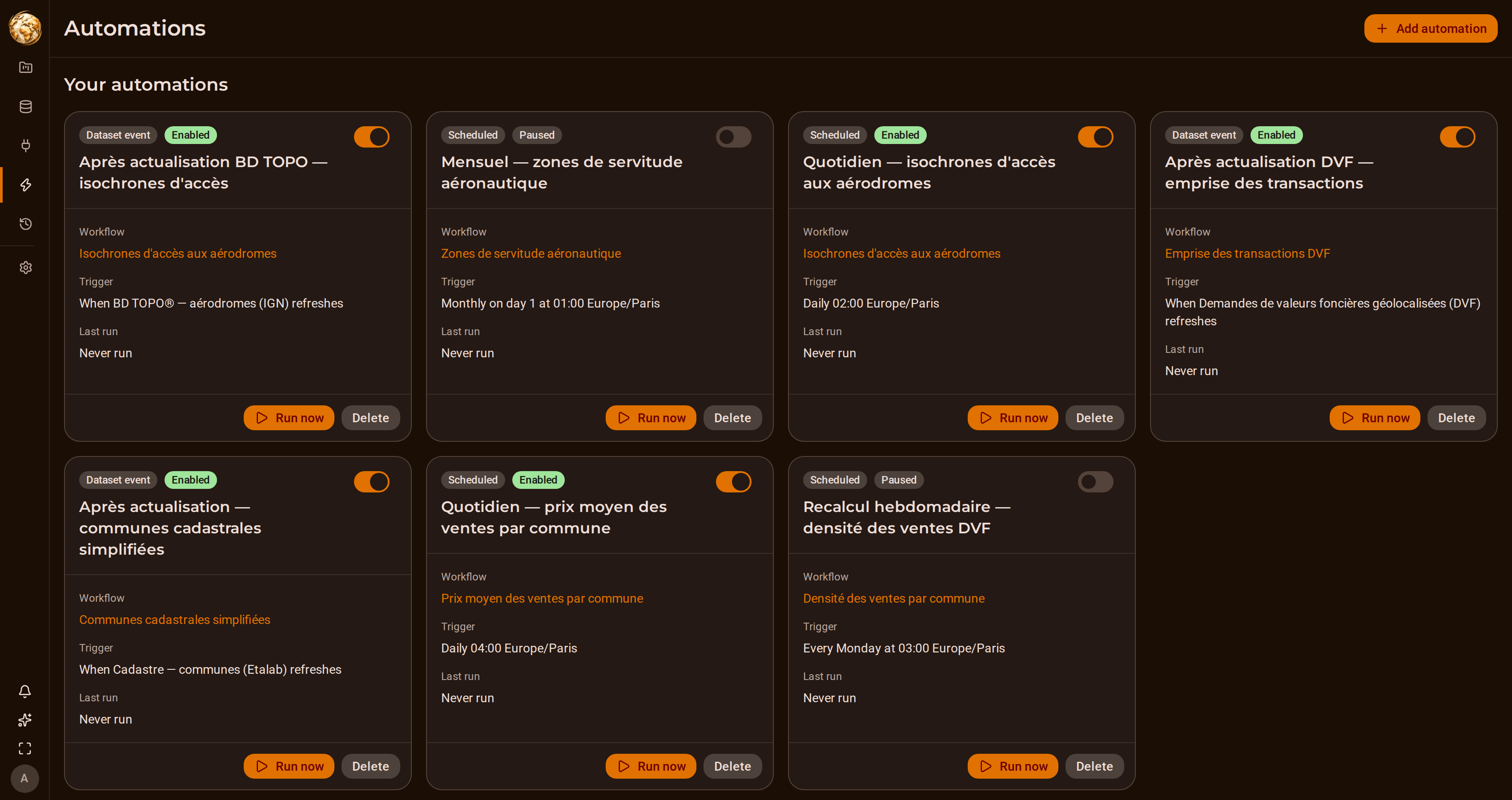 The DjiniousMap automations page listing event- and schedule-triggered automations with their target workflow, trigger and last run status.