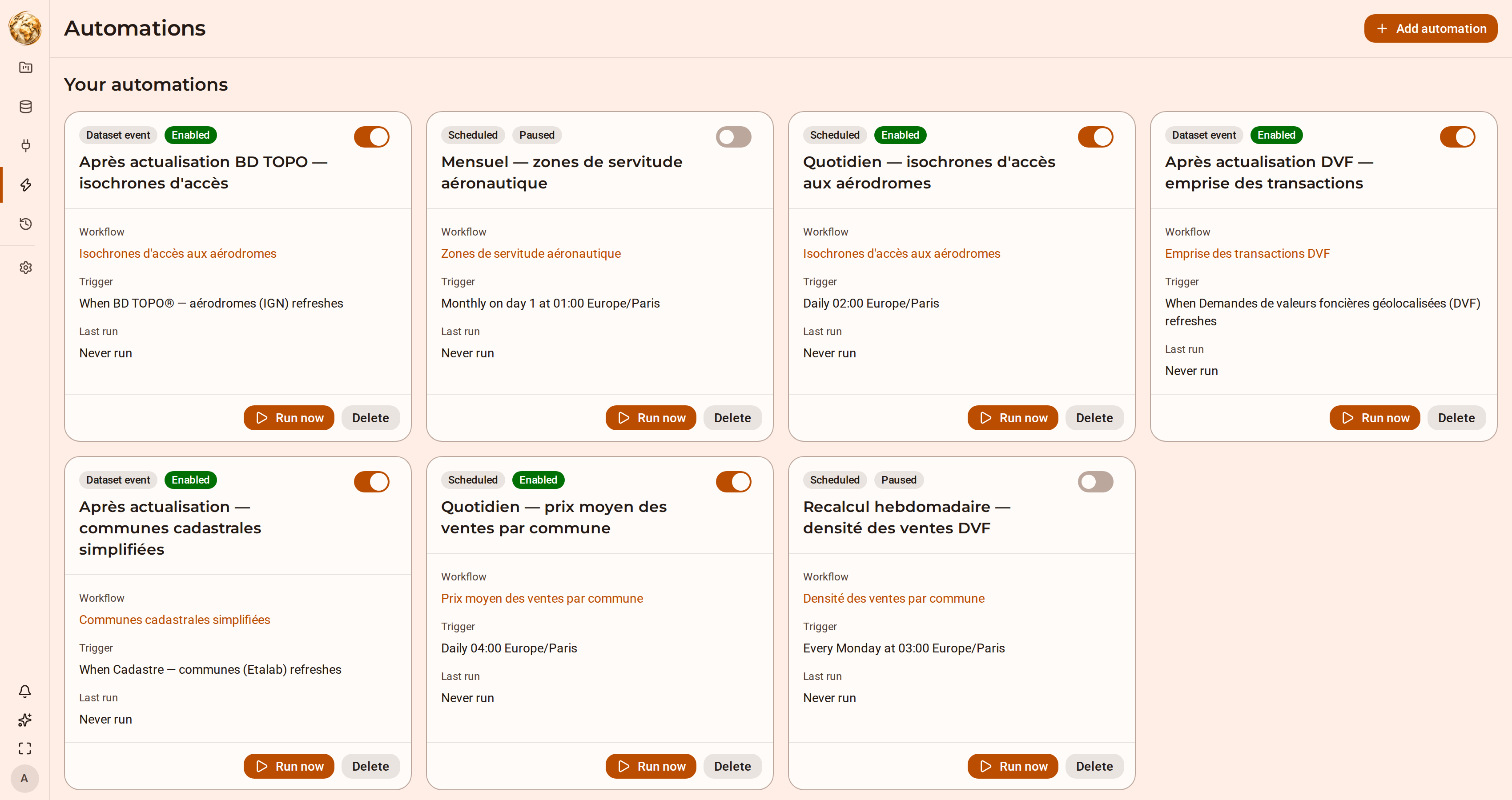 The DjiniousMap automations page listing event- and schedule-triggered automations with their target workflow, trigger and last run status.